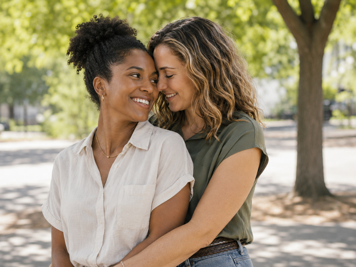 An illustration of two people sharing an affectionate moment in a park