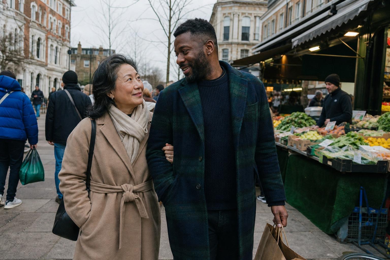 Two people walking arm in arm through a city market